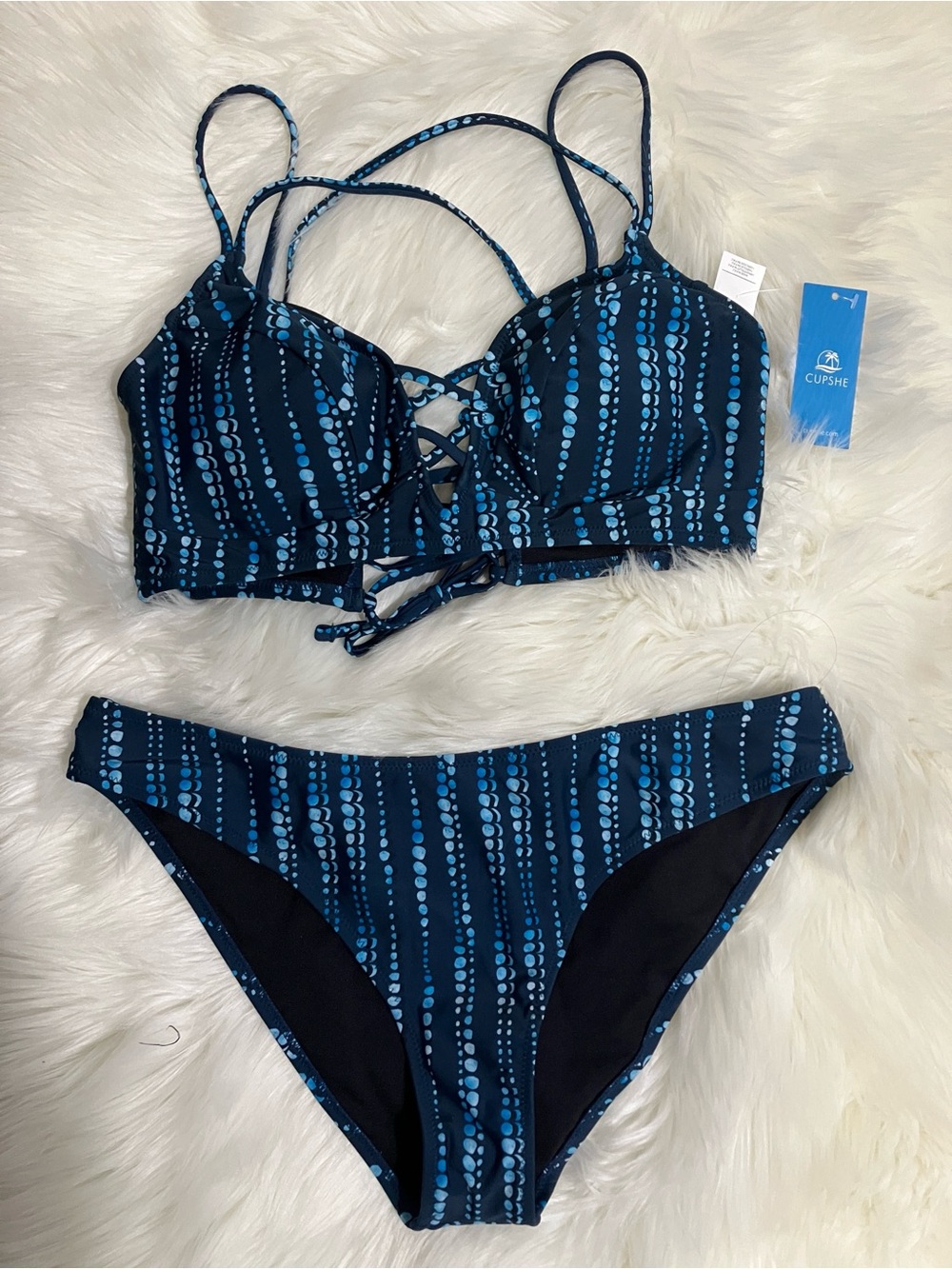 Women’s Navy Blue & Teal Dot-Striped Bikini Swimsuit Size Large